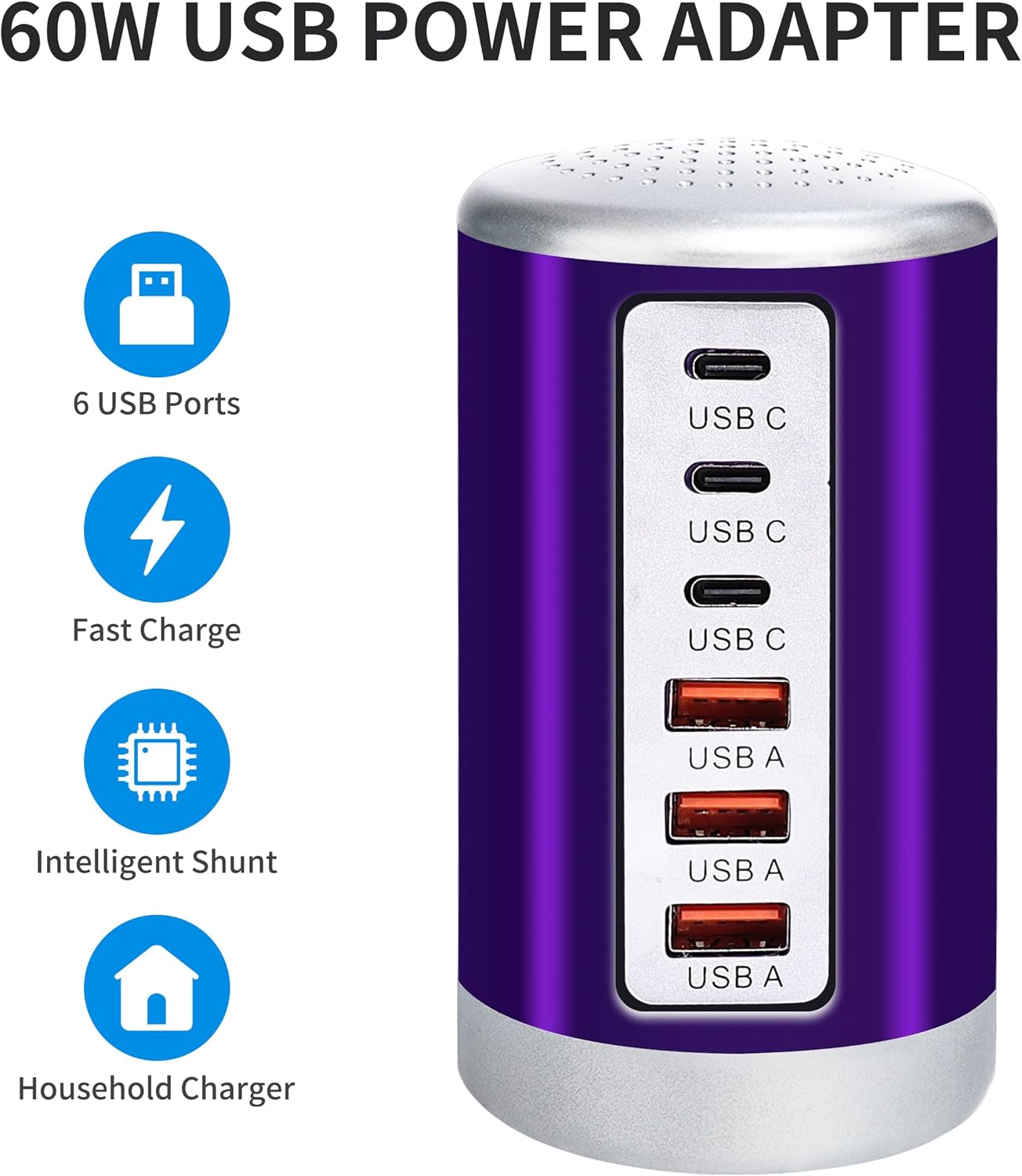Universal USB Charger 6-Port Desktop USB Charging Station Hub with Smart Identification Technology Compatible with iPhone iPad Cell Phone Tablets(Purple)