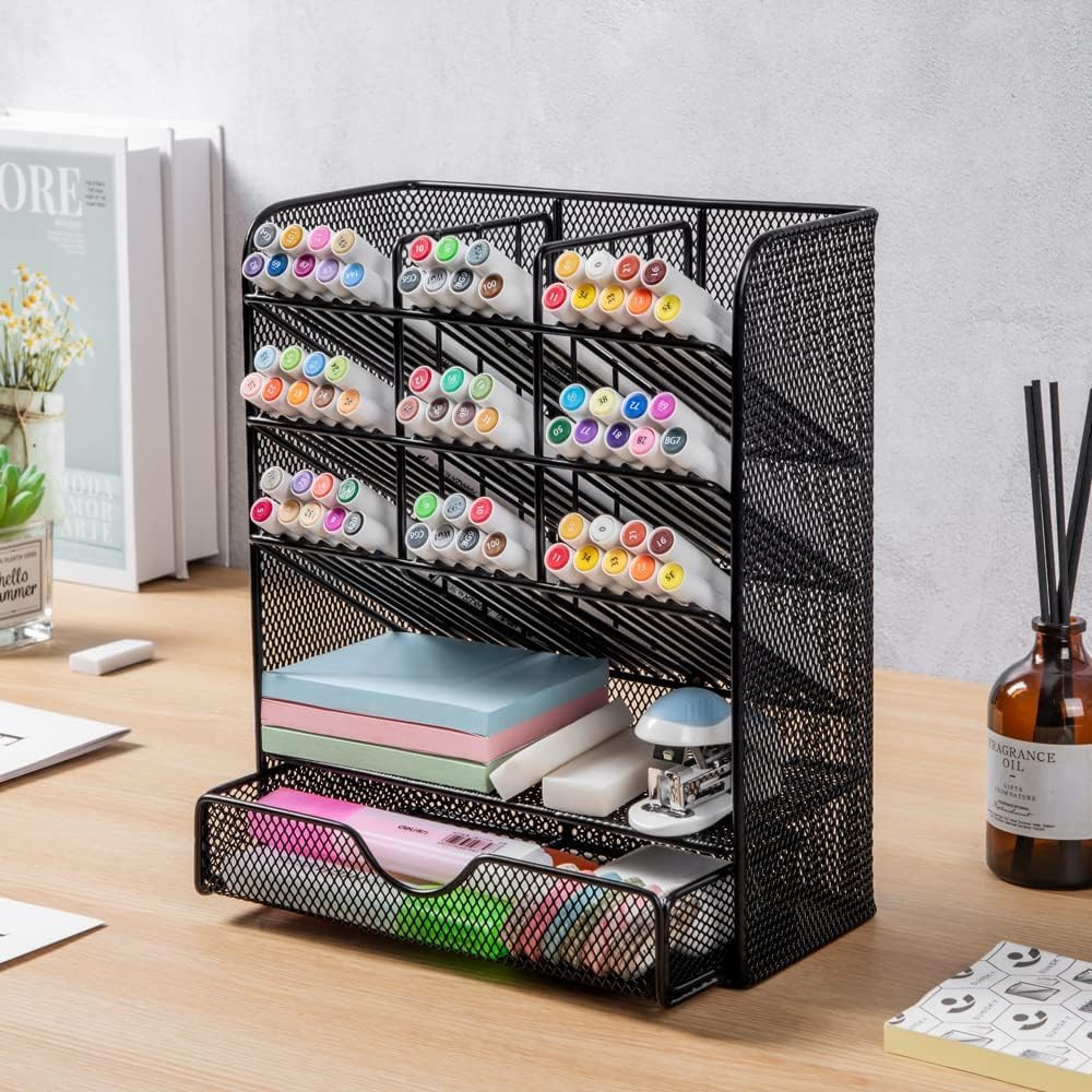 Spacrea Pen Holder Desk Organizer - Desk Organizers and Accessories, Pencil Holder with 10 Compartments and 1 Drawer（Rose Gold）