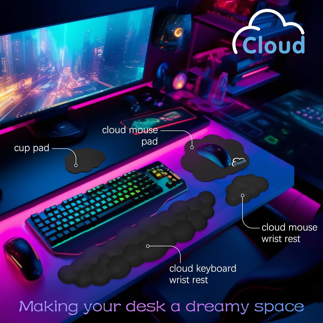 Cloud Wrist Rest Keyboard Palm Rest with Non-Slip Base for Computer Gaming Wrist Rest, YAMJUG Cloud Arm Rest Keyboard Wrist Pad Rainbow