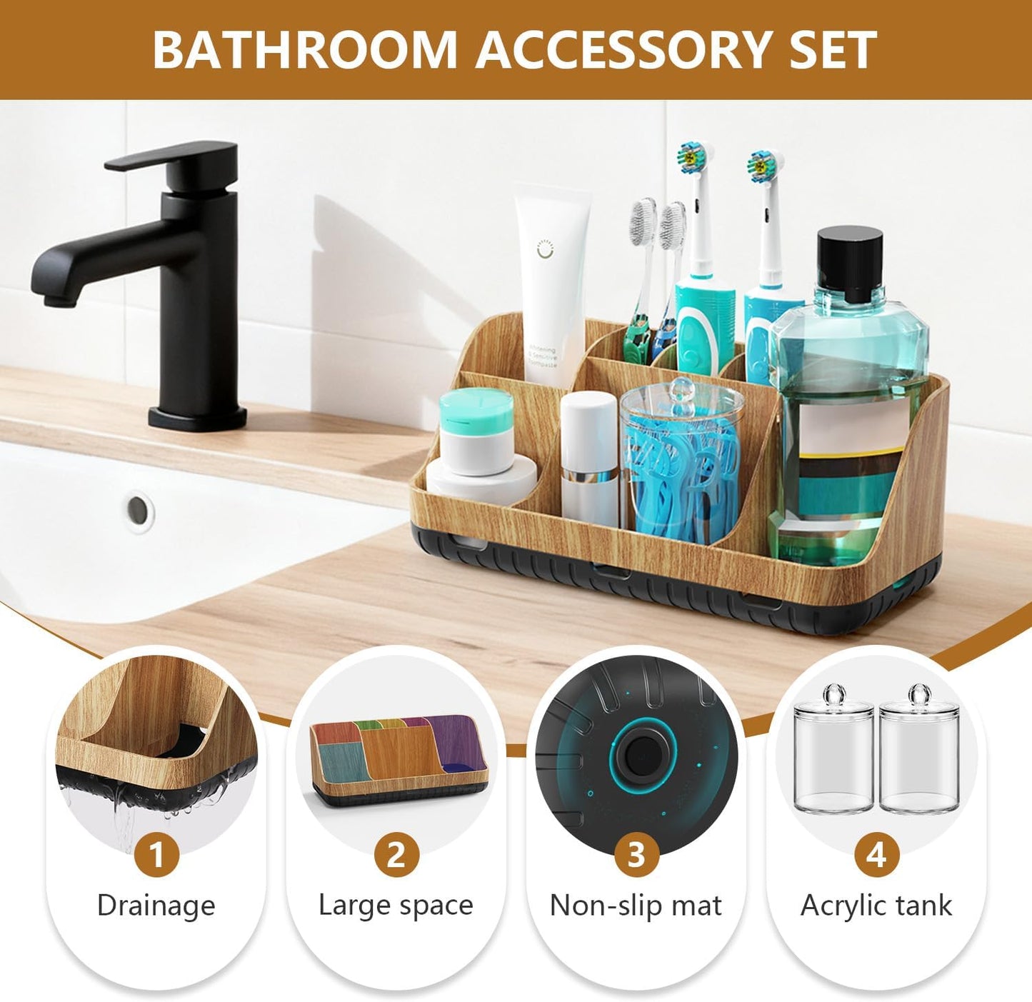 GFWARE Bathroom Organizers and Storage - Detachable 7 Slots Kids Electric Toothbrush and Toothpaste Holde Drainage for Bathroom Accessories Organization Counter Vanity Storage