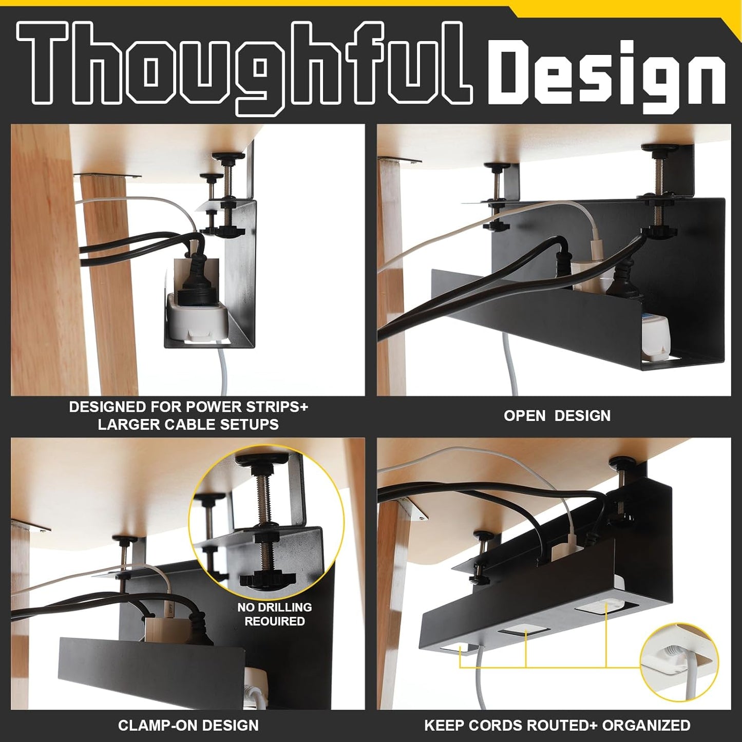 16×5×3 Inch No Drill Clamp-on Power Strip Cable Management Tray Under Standing Desk Steel Cable Organizer Wire Cord Tamer for Office, Home, Garage(Black)