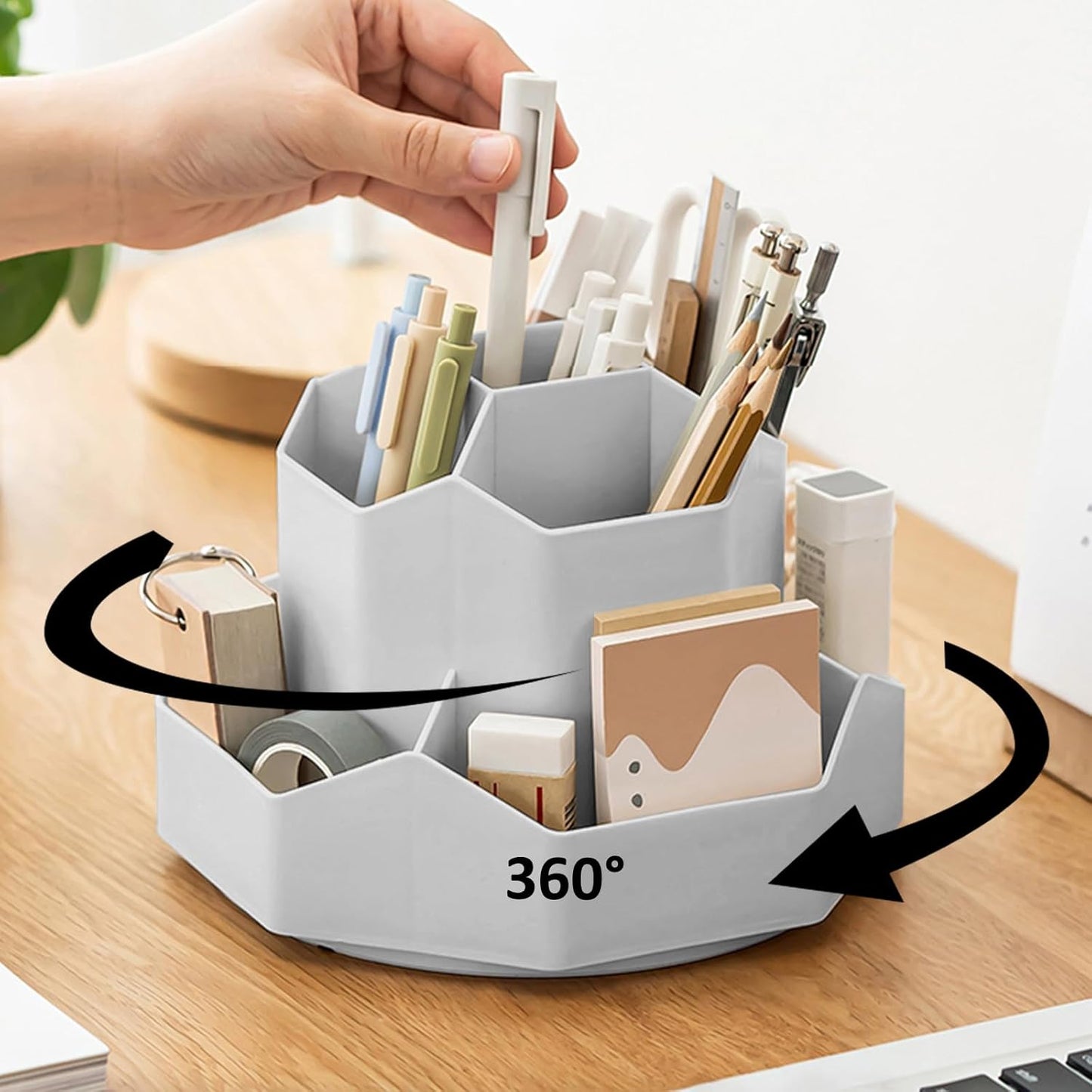 Pencil Pen Holder for Desk, 9 Slots 360 Degree Rotating Desk Organizer, Cute Pen Organizers Stationery Supplies for Office Home & Art Supply (Beige)