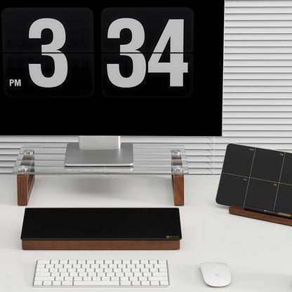 YEOUX Multi-Purpose Desktop Stand, Clear Floating Computer Monitor Riser with Natural Wood Base, Desk Organization Shelf for Printer, Laptop, Audio Device, Flat Screen