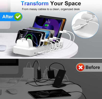 510W Fast Charging Station for Multiple Devices, 10 Port USB C Charger Station with Flame-Retardant Material & 8 Cables for iPhone, Android, iPad, Tablets, Family Office Desk Charging Dock Organizer