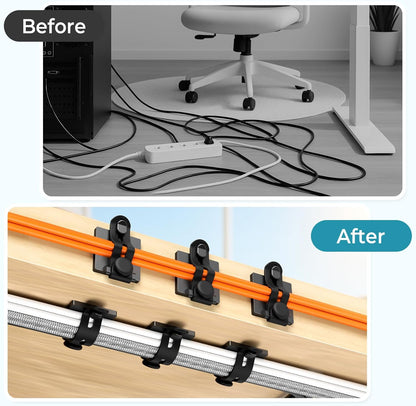 Kanemc Cable Clips Management Kit, 15 Cable Holder With Silicone Cord Ties, 15 Nylon Zip Tie, Extra 15 Screws & 8 Adjustable Cable Straps For Workspace Organizers PV Computer TV Under Desk Wire Setup