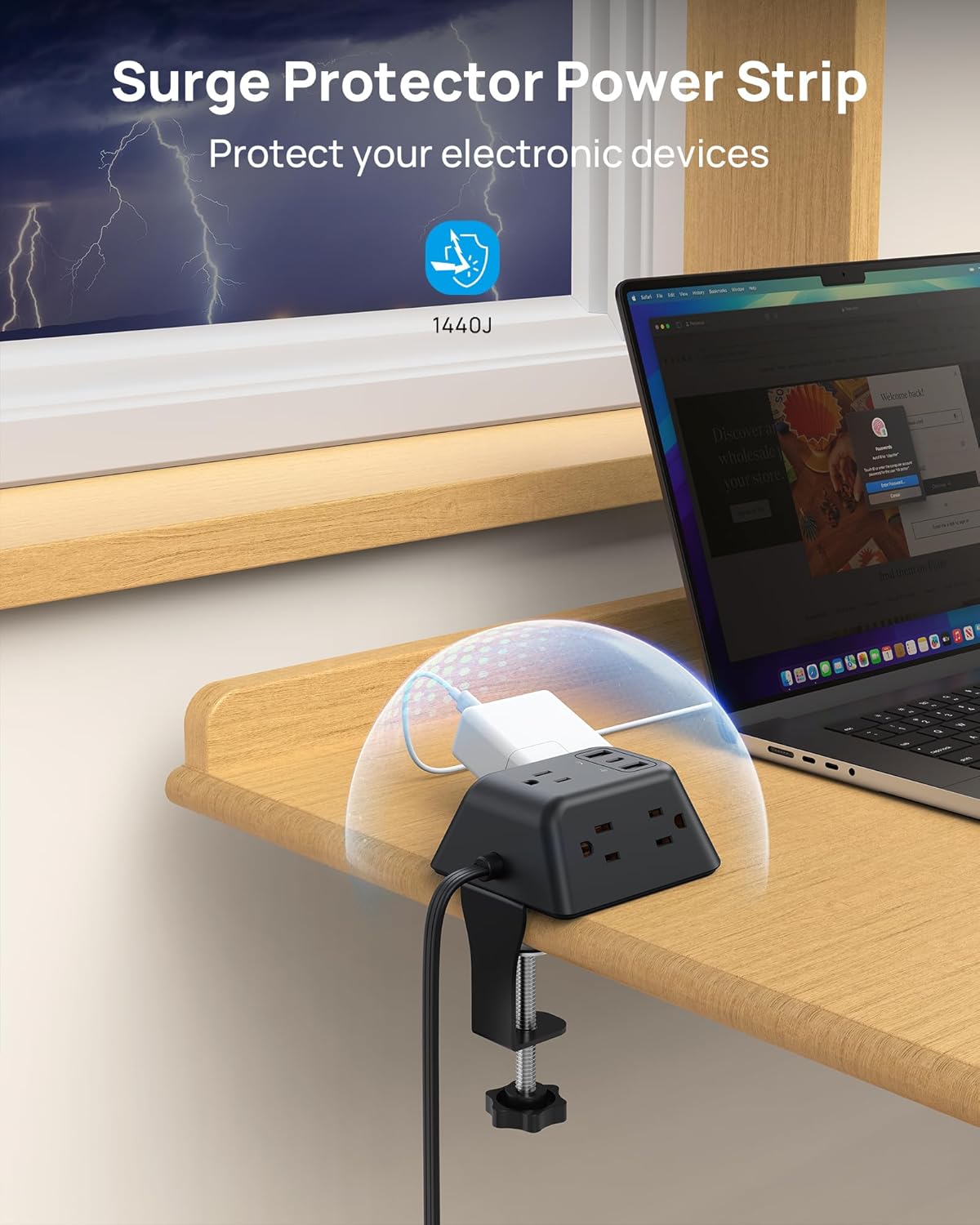 Desk Clamp Power Strip, Surge Protector with 5 AC Outlets and 3 USB Ports, Desk Mount Charging Station, Fit 1.97in Tabletop Edge Thick, 6FT Extension Cord, for Home Office Gaming Accessories, Black