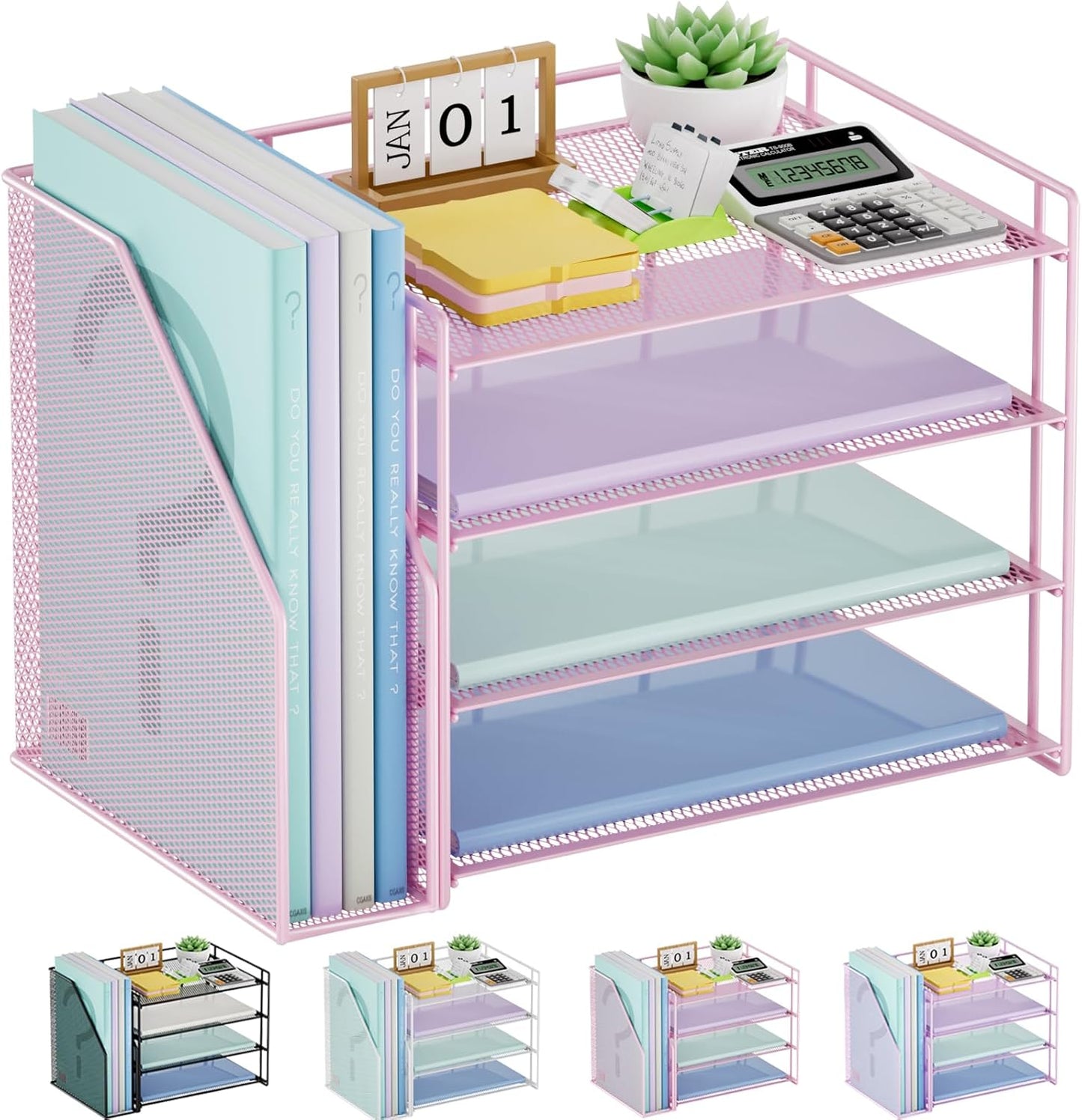 Marbrasse Desk Organizer and Accessories，4-Tier Paper Letter Tray Organizer with File Holder，Desk Accessories & Workspace Desktop Organizers for School Home Office Supplies (Blue)