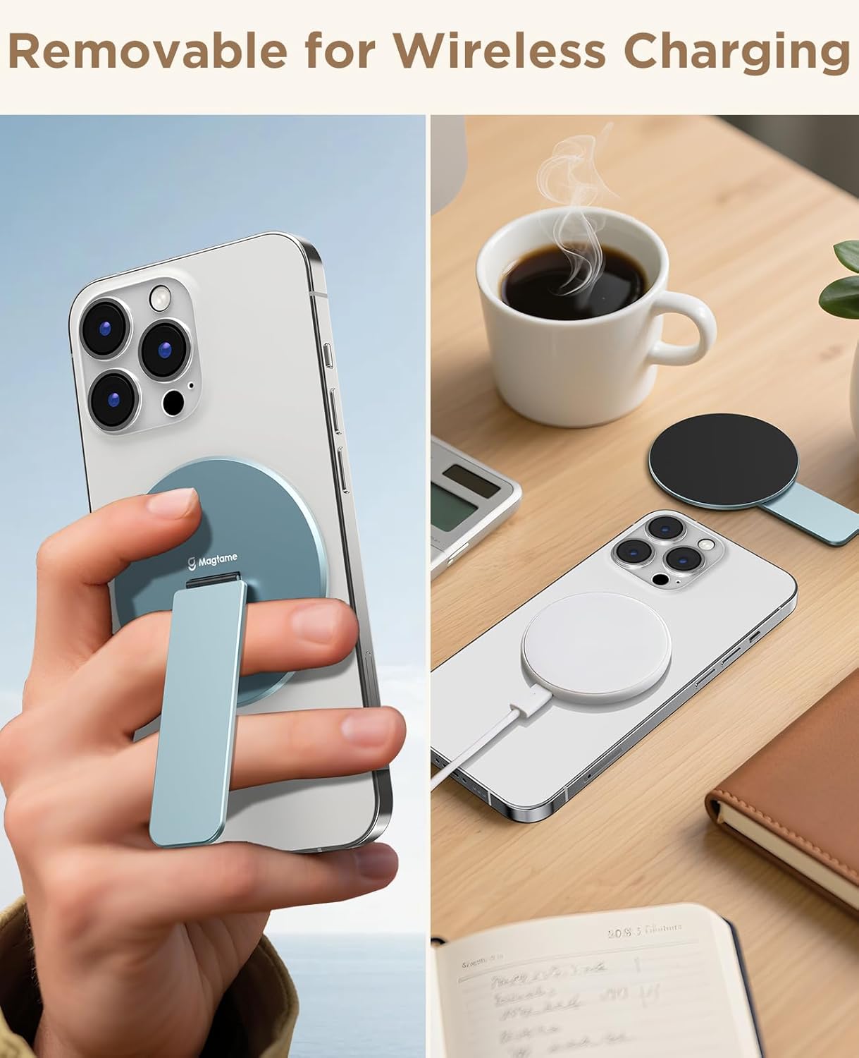 Magtame Double-Sided Magnetic Phone Stand Grip, Strong Magnetic Kickstand Desk Holder for Mag&Safe and Smartphone, Foldable Adjustable Design, Silver