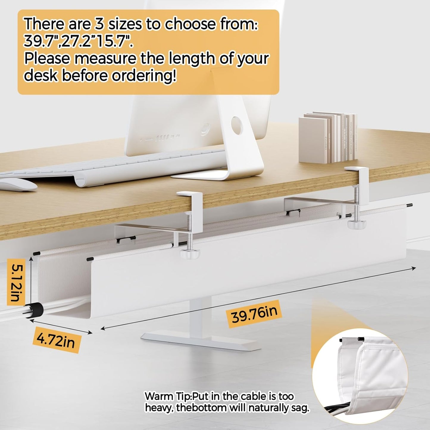 Under Desk Cable Management Tray 27.2" - No Drill Computer Wire Organizer Cable Tray, Cord Hider Clamp Mount with 16X Cable Ties PC Cables Management Cord Holder for Office/Home (Upgrade Fabric,White)