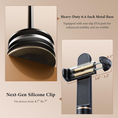 Height/Angle Adjustable Phone Holder, 10"-25" Retractable Tall Phone Stand for Desk,720°Rotatable+180flip Phone Holder Stand for Video Calls Kitchen Table Office Etc -Clip Type