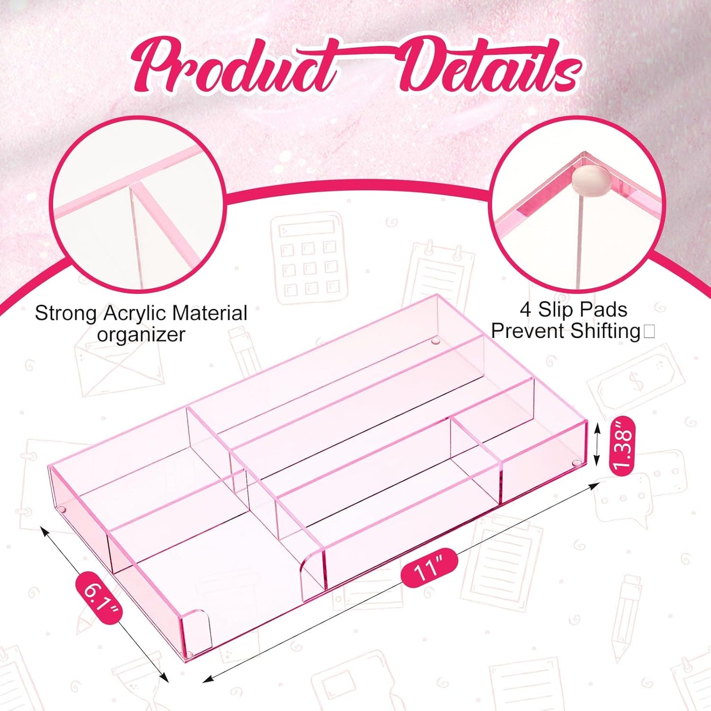 Briwooody Clear Acrylic Desk Drawer Organizer 11 x 6.1 x 1.38 Inch Storage Tray Organizer for Pens, Stationery, Desktop, Office, Bathroom, Kitchen, Makeup Supplies (6 Compartments)