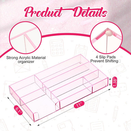 Briwooody Clear Acrylic Desk Drawer Organizer 11 x 6.1 x 1.38 Inch Storage Tray Organizer for Pens, Stationery, Desktop, Office, Bathroom, Kitchen, Makeup Supplies (6 Compartments)