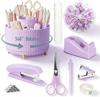 Gawsey Gold Desk Organizers and Accessories Set with 360-Degree Rotating Pen Holder, Acrylic Stapler, Tape Holder, Staple Remover, Binder/Paper Clips Kit, Scissor and 1 Box of Staples