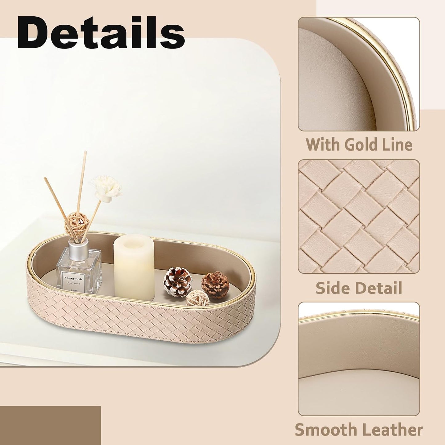 Hipiwe Perfume Trays PU Leather Vanity Tray for Dresser Bathroom Valet Trays Oval Desk Tray Jewelry Dish Holder Decorative Catchall Trays Nightstand Organizer, Beige
