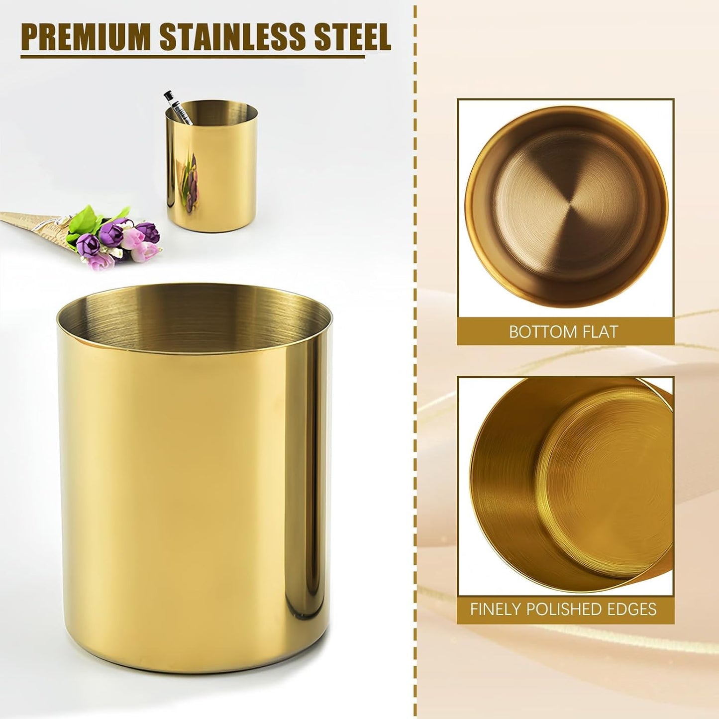 Gold Pen Holder for Desk, 3.9 Inch Stainless Steel Pencil Cup & Makeup Brush Organizer, Multi-Purpose Office and Vanity Desk Accessory for Women, Elegant Gold Home Decor