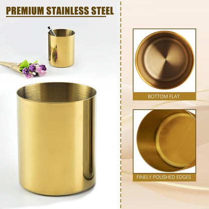 Gold Pen Holder for Desk, 3.9 Inch Stainless Steel Pencil Cup & Makeup Brush Organizer, Multi-Purpose Office and Vanity Desk Accessory for Women, Elegant Gold Home Decor