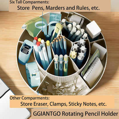Pencil Pen Holder for Desk, 9 Slots 360 Degree Rotating Desk Organizer, Cute Pen Organizers Stationery Supplies for Office Home & Art Supply (Beige)