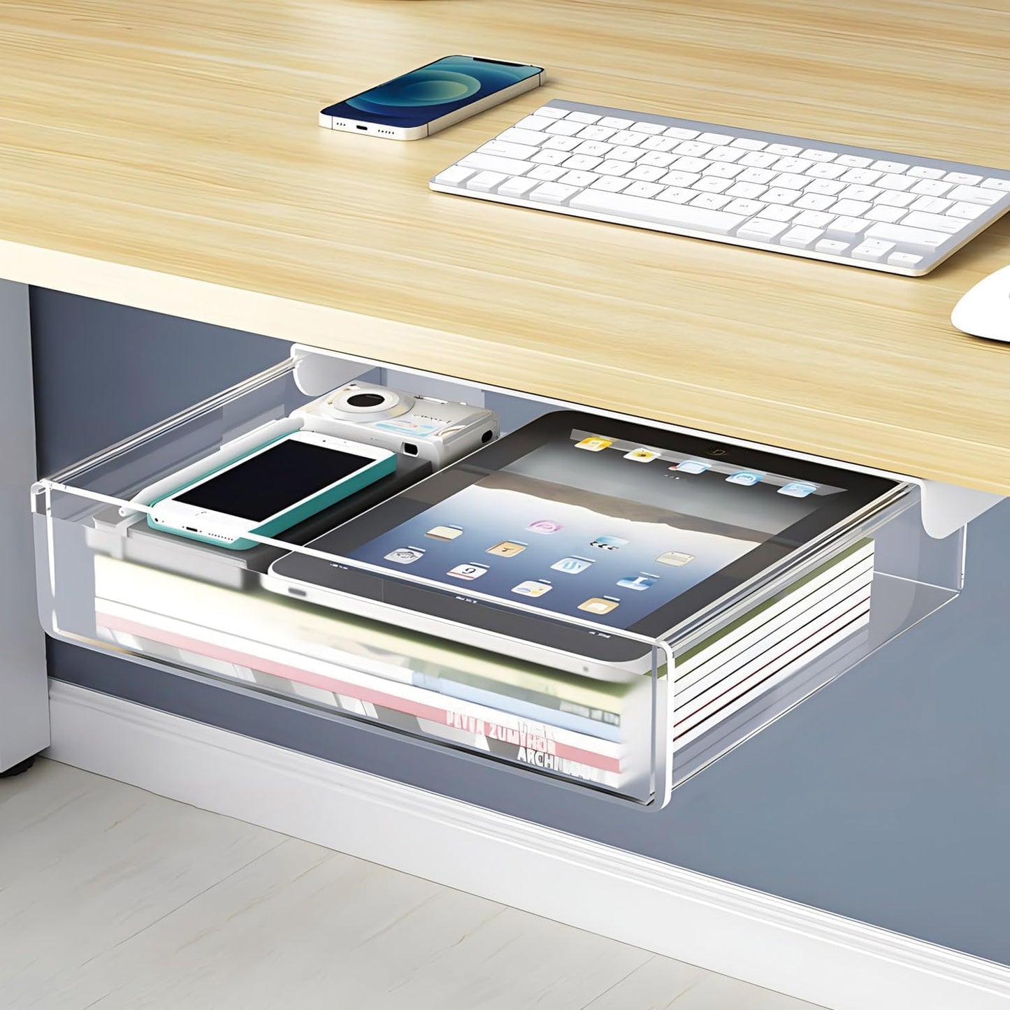 SVNNELP Large Under Desk Table Drawer Storage Organizer A4,Desk Accessories & Workspace Organizers,Hidden Self-Adhesive Under Table Pencil Tray Drawer for Office(Clear White)