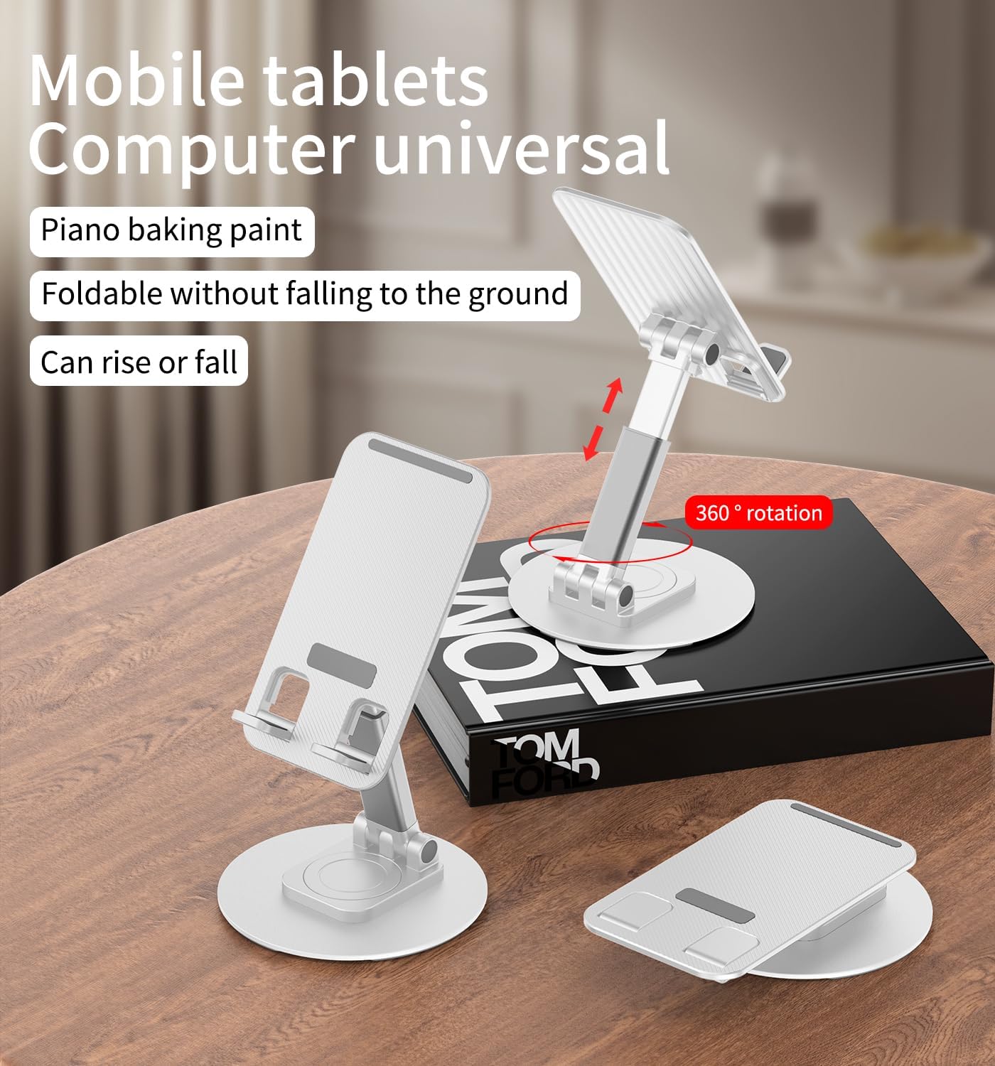 360° Rotating Cell Phone Stand for Desk, Adjustable & Foldable Phone Holder, Aluminum Desktop Phone Stand with Anti-Slip Base, Compatible with iPhone, iPad, Android Phones, K69-Black