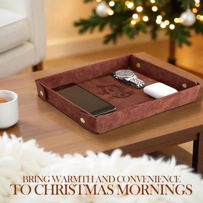 Engraved Leather Valet Tray for Men – Personalized Catchall with Custom Name for Desk, Dresser, Nightstand – Men's Organizer Tray for Keys, Wallet, Jewelry, Personalized Gift for Home, Office - Coffee