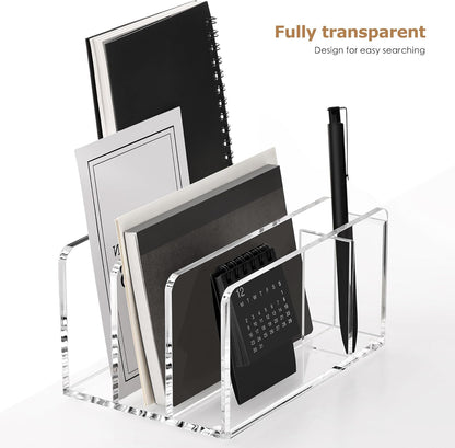 SANRUI 5 Compartments Acrylic Mail Sorter Holder, Clear Document Magazine Envelope File Rack, Vertical Letter Sorter & Multifunction Desk Organizer for Bills, Documents, Notebooks