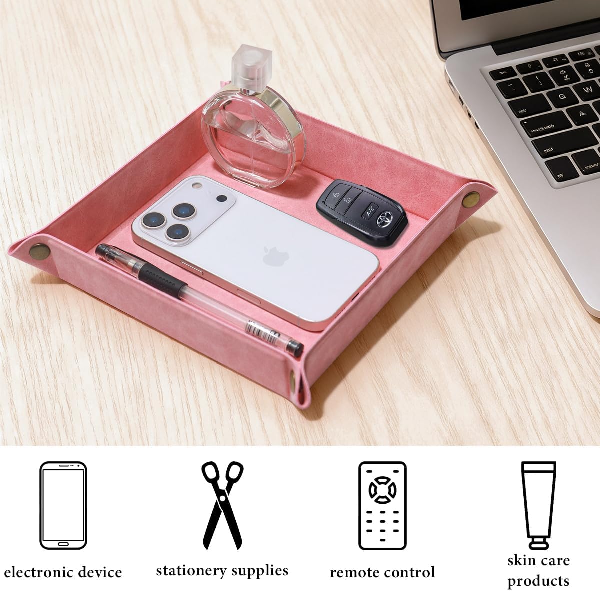 Valet Tray Desktop Storage Organizer – Premium PU Leather Catchall Bedside Vanity Tray Nightstand Caddy Holder for Remote Controller, Keys, Phone, Wallet, Coin, Jewelry,Brown