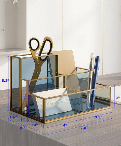 FONDAZZA Gold & Blue Glass Desk Organizer - Elegant Office Decor, Aesthetic Makeup Brush Holder, 2-Compartment Pen Holder, Pencil Cup, Vanity & Cosmetic Storage, Desk Accessories for Women