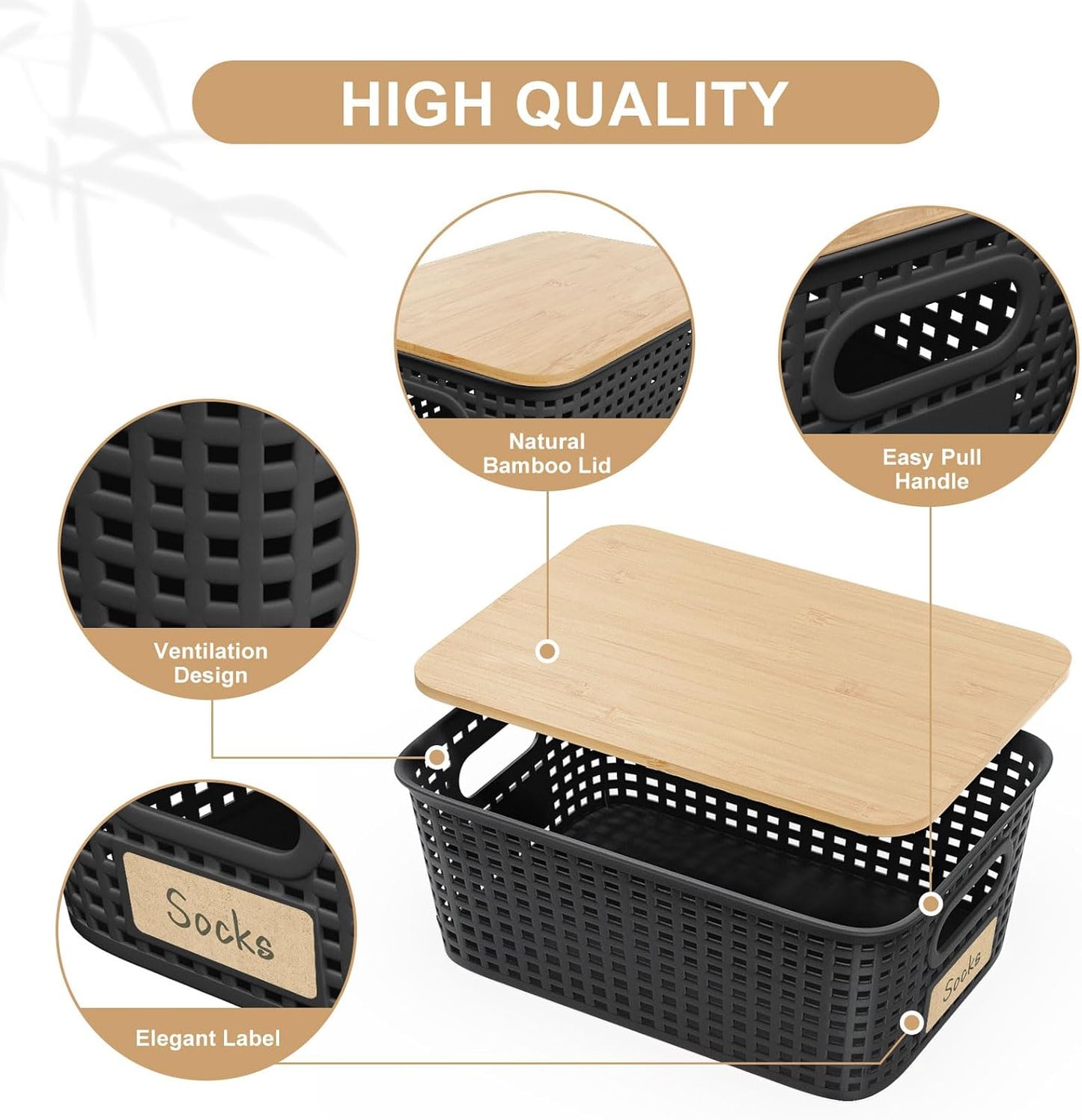 6Pcs Storage Bins with Lids, Stackable Plastic Storage Basket with Bamboo Lid, Pantry Organizer Box Small Containers for Organizing Shelves Drawer Desktop Closet Cabinet Office Classroom 10x7.1x4.1in
