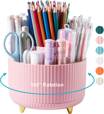 Desk Pencil Pen Holder, 5 Slots 360 Degree Rotating Pencil Pen Organizers for Desk Desktop Storage Stationery Supplies Organizer Cute Pen Cup for Office School Home Art Supply Cream Yellow