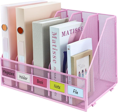 Desk Organizers, Metal Magazine File Holder with 5 Vertical Compartments Rack Binder File Organizer for Office Supplies, Home Workspace - Black