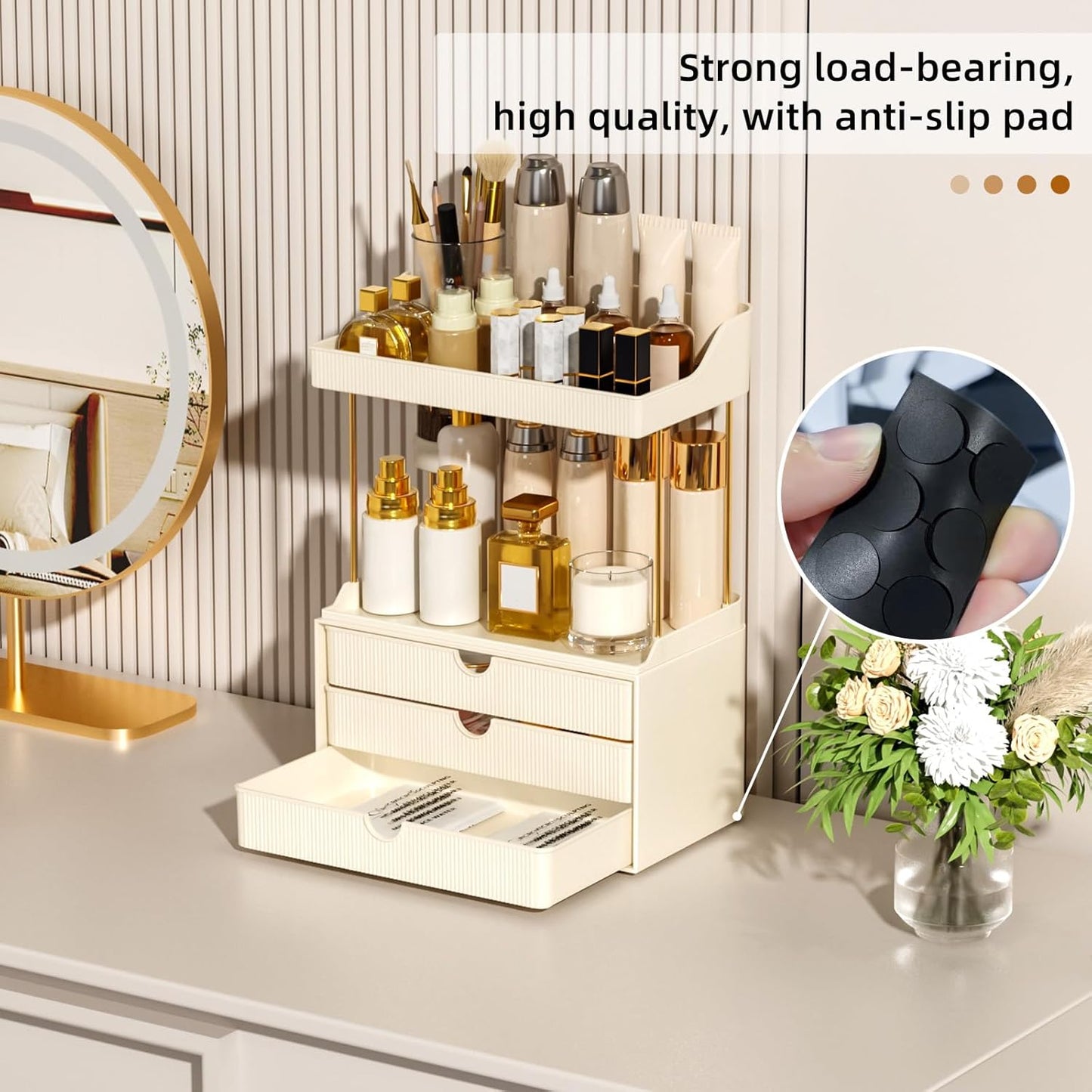 StorBin 3 Large Drawers Makeup Organizer - 5 Tier Bathroom Counter Organizers and Storage, Versatile Perfume Vanity Organizer, Ideal for Cosmetic, Large Skincare, Face Mask, Office Supplies, Amber