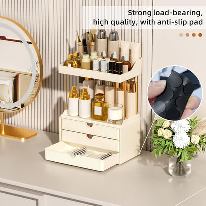StorBin 3 Large Drawers Makeup Organizer - 5 Tier Bathroom Counter Organizers and Storage, Versatile Perfume Vanity Organizer, Ideal for Cosmetic, Large Skincare, Face Mask, Office Supplies, Amber