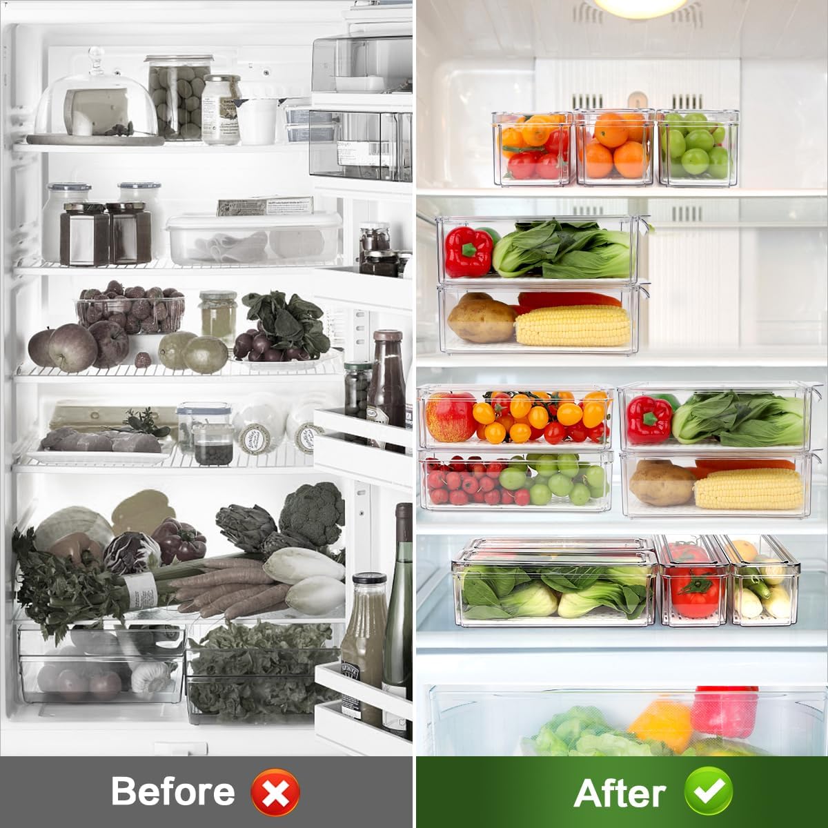 ZIJUND 4 Pack Fridge Organizer, Stackable Refrigerator Organizer Bins with Lids, BPA-Free Fridge Organizers and Storage Containers for Fruit, Vegetable, Food, Drinks, Cereals, Clear