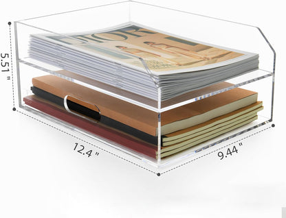 2-Tier Clear Acrylic Paper Trays, Desk File Organizer, A4 Paper Holder, Low-Profile Desk File Sorter for Office/Home, Clear Stackable Letter Tray for Bills, Crafts, Notebooks - Horizontal