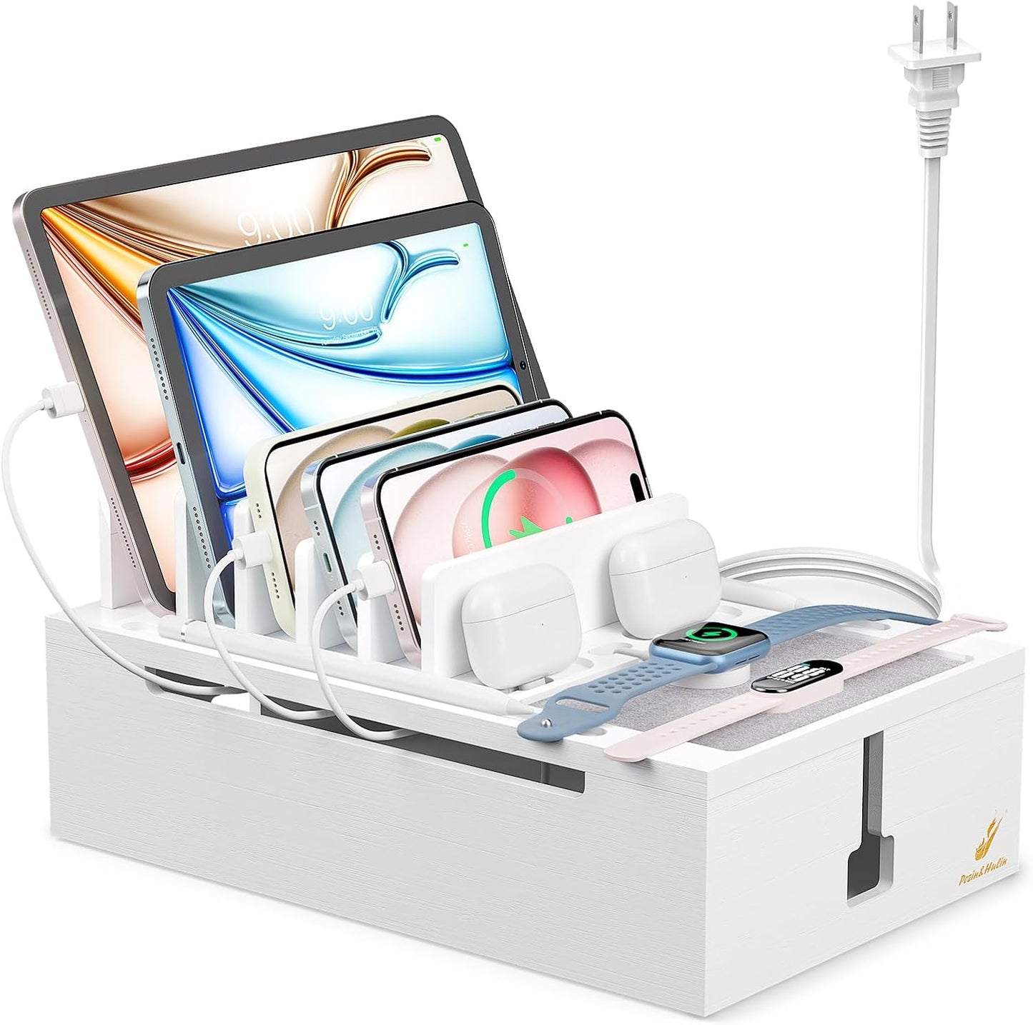 Pezin & Hulin Bamboo Charging Station for Multiple Devices, USB Charger Dock Organizer, with Power Supply (10 Ports HUB), 6 Cables, Cable Management Organizer for Cell Phones, Tablets -Natural+White