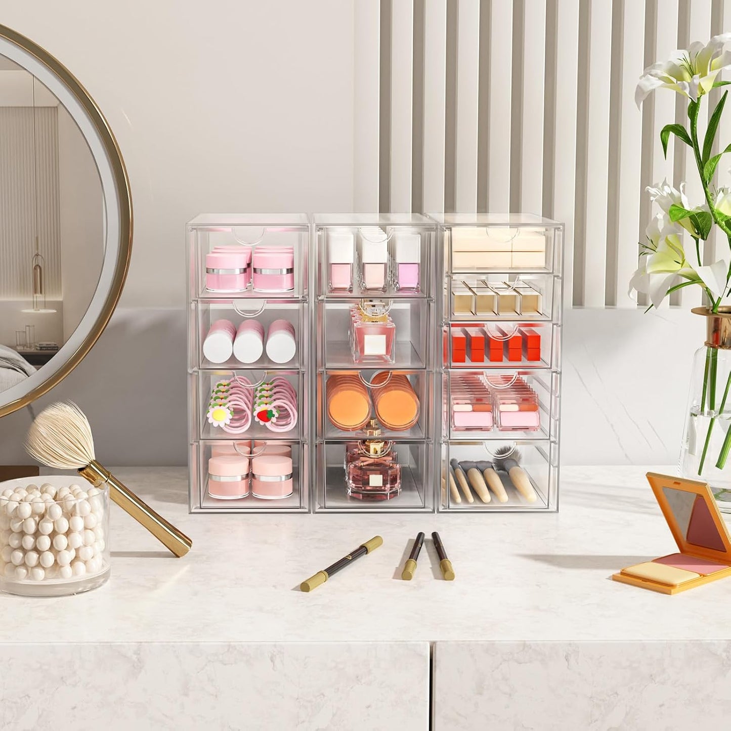 ARSTPEOE Makeup Acrylic Organizer with 17 Drawers(4 Sets), Desk Organizers and Accessories, Clear Makeup Organizer, Dustproof Storage Drawers for Office Art Craft Supplies