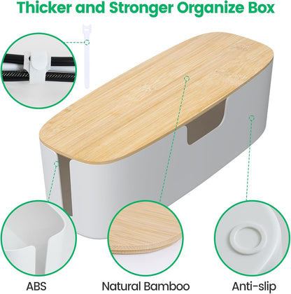 Large Cable Management Box - Cord Organize Box with Bamboo lid for Safe Home & Office, Cord Hider for Power Strip Under Desk, Cover TV Wires, Child & Pet Proof Cord Box, Black