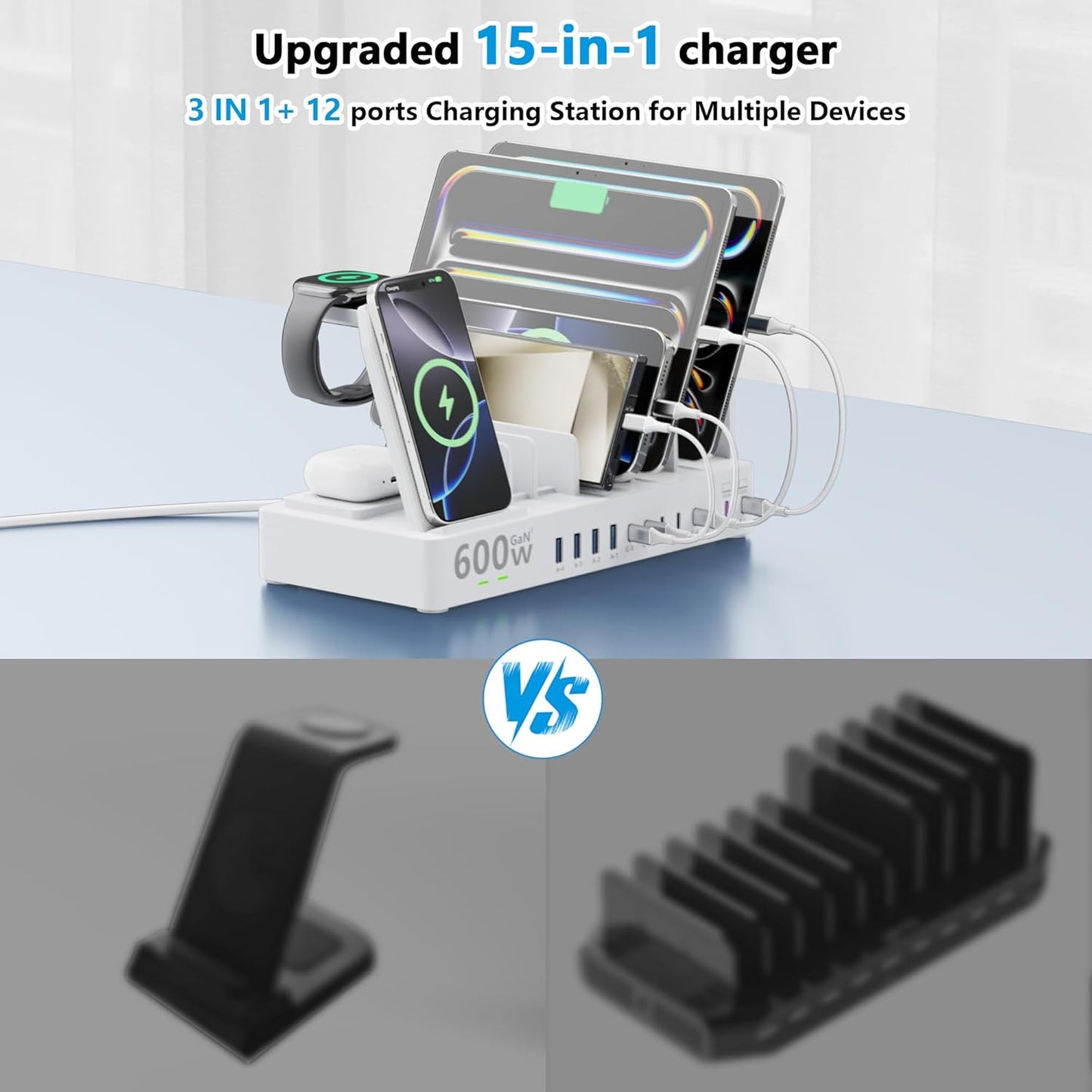 600w Charging Station for Multiple Devices, 15 in 1 Wireless Charging Station for Apple, Dual 100w USB C Tablet Charging Station for MacBook,iPhone,iPad,Tablet(Black)