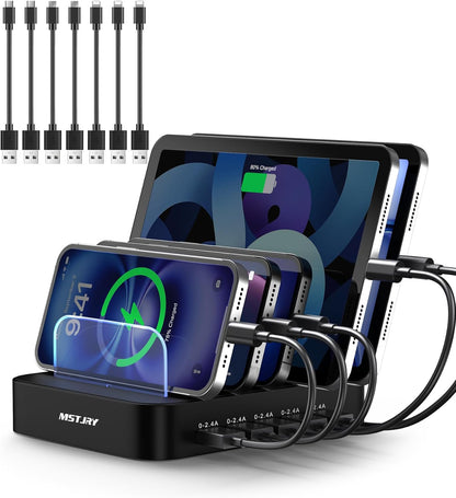 MSTJRY Charging Station for Multiple Devices : 5 Port Multi USB-A Charger Stations Multi-Device Organizer Charging Dock Designed for iPhone iPad Cell Phone Tablets (7 Short Cables Included)