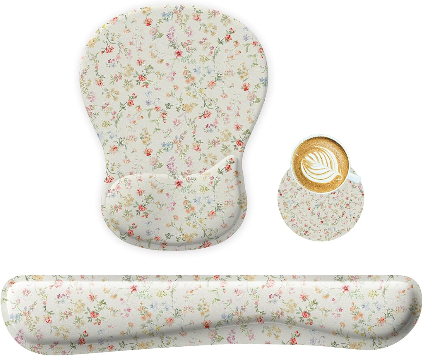 Wrist Rest Support for Mouse Pad Keyboard Set Circle Coaster Gaming Mouse Pad Ergonomic Gel Memory Foam Set for Computer, Laptop, Office, Pain Relief, Comfortably Typing Flowers KM-39