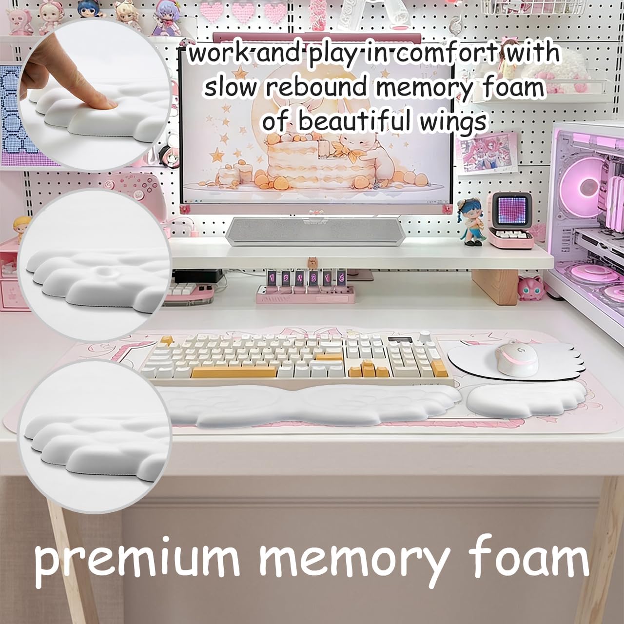 JIKIOU Angel Wing Wrist Rest Ergonomic Memory Foam Wrist Rest for Computer Keyboard Mouse Set, Cute Leather Keyboard & Mouse Support with PU Anti-Slip Base Waterproof White