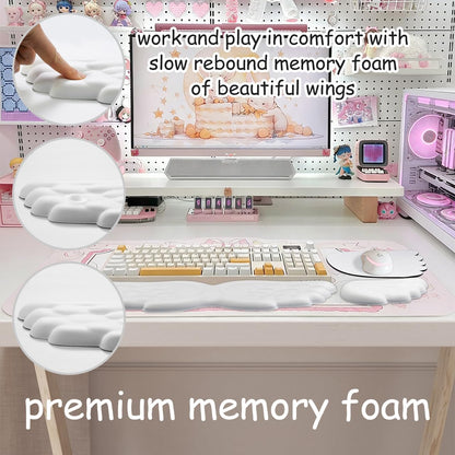 JIKIOU Angel Wing Wrist Rest Ergonomic Memory Foam Wrist Rest for Computer Keyboard Mouse Set, Cute Leather Keyboard & Mouse Support with PU Anti-Slip Base Waterproof White