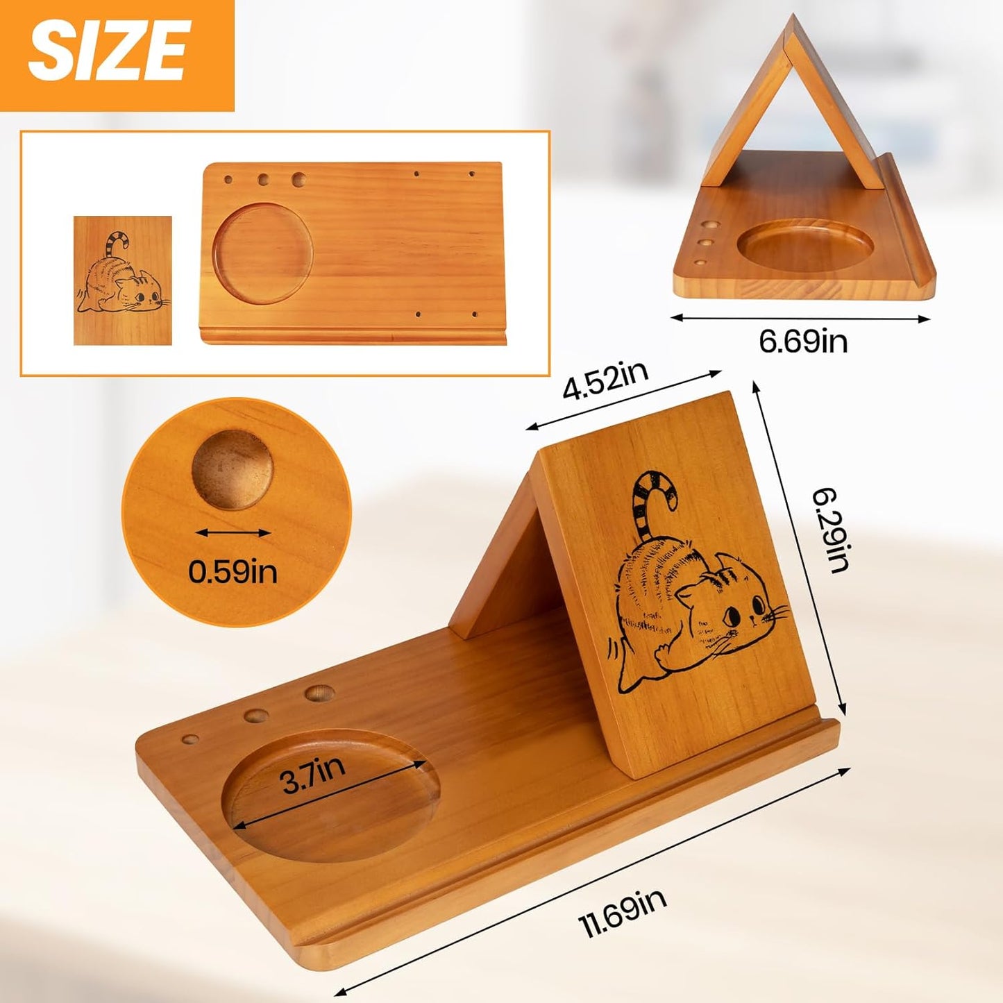 Wood Desktop Book Stand for Reading Rest Birthday and Mothers Day Gifts, Book Page Holder Thumb Bookmark,Magnet Couple Photo or Note, Book Accessories, Triangle Book Nook with Cup for Book Lovers