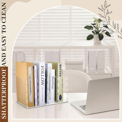 AmazingSpark Scalloped Acrylic Book Holder for Desk with 4 Vertical Compartments 11.22 x 7.28 x 6.5 Inches Clear Acrylic Magazine Organizer Storage Mail Sorter with Wave Edge Design for Office Home