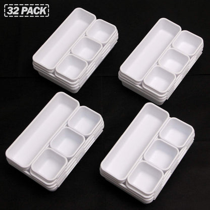 Set of 32 Interlocking Desk Drawer Organizer Tray Dividers Plastic Shallow Narrow Drawers Organizers Separators Storage Bins Container for Kitchen Bathroom Makeup Office Vanity Bedroom Dresser