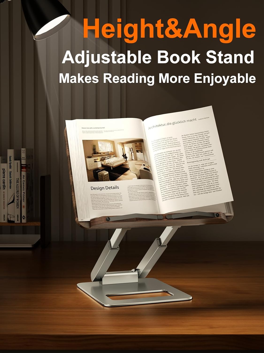 Tounee Book Stand, Telescopic Book Holder Stand, Adjustable Height Pull Out Design Ergonomic Cookbook Stand with Elastic Page Clips Fits All Books (Gray)