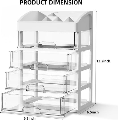 Desk Organizer with 4 Drawer Storage, Desktop Drawers Organizer for Office/School Supplies, Plastic Stationary Makeup Organizer, Desk Storage Box Organizer for Office, School, Bathroom