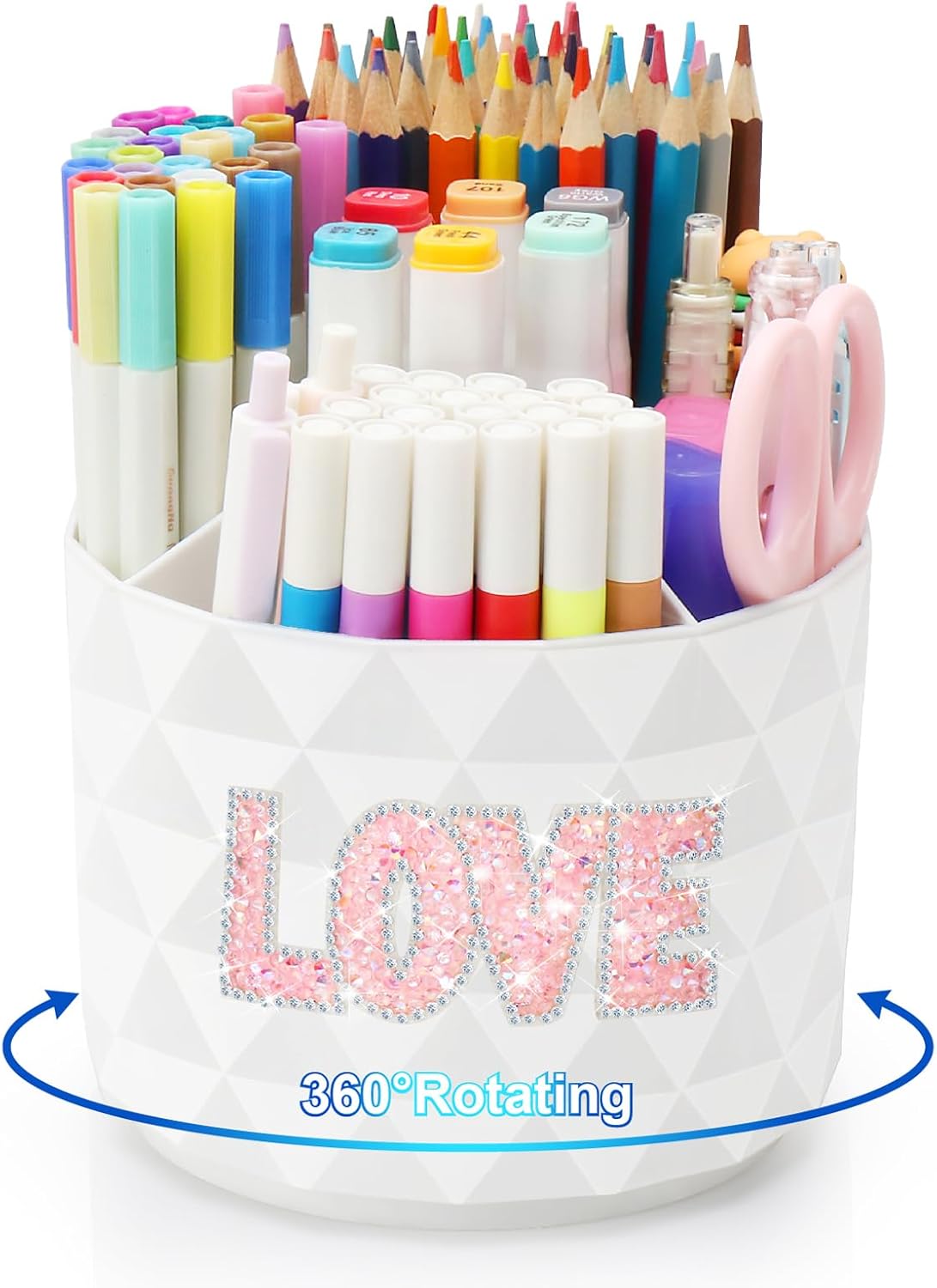 Desk Organizer, 360-Degree Rotating Pencil Pen Holders For Desk, Diamond Pattern Pen Organizer With 5 Compartments, Cute Desk Accessories Decor For Office, School,Home,Art Supply (Pink)