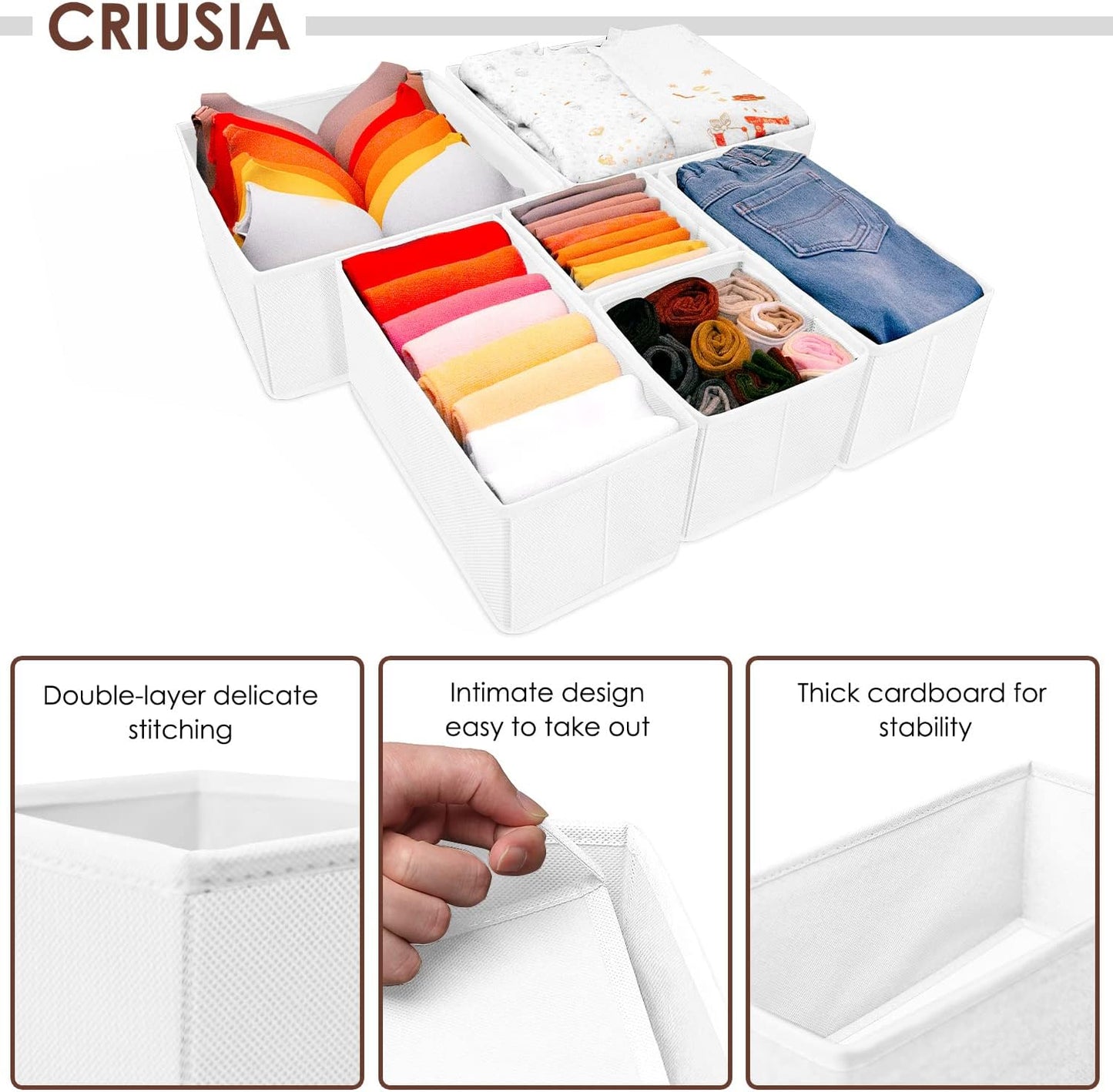 Criusia Foldable Underwear Drawer Organizer, Closet Dividers, Storage Box for Clothes, Socks (6 Bins, Gray)