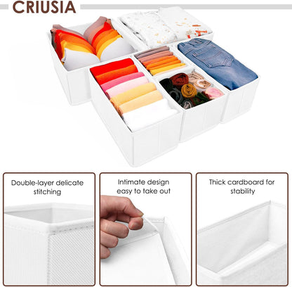 Criusia Foldable Underwear Drawer Organizer, Closet Dividers, Storage Box for Clothes, Socks (6 Bins, Gray)